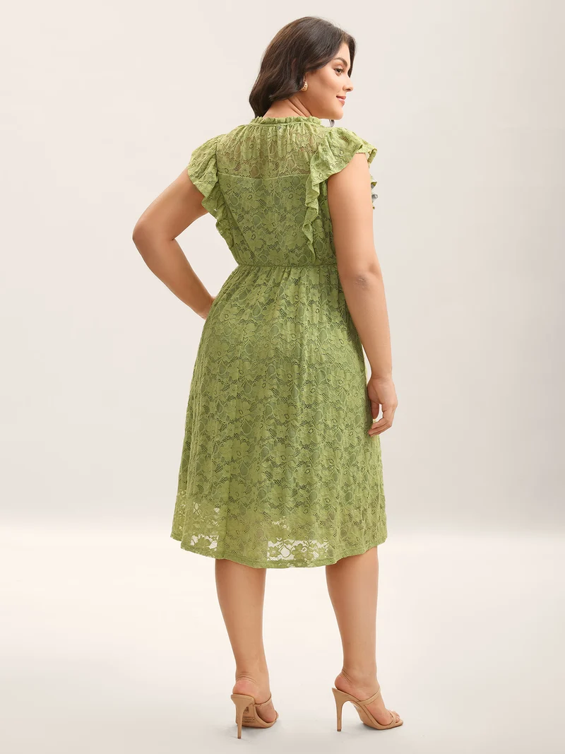 Lace Stretchy Waist Ruffled Midi Dress