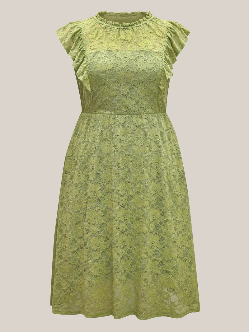 Lace Stretchy Waist Ruffled Midi Dress
