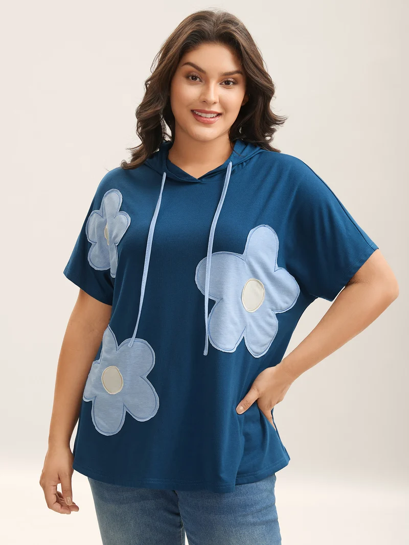 Floral Embroidered Patchwork Hooded T-Shirt