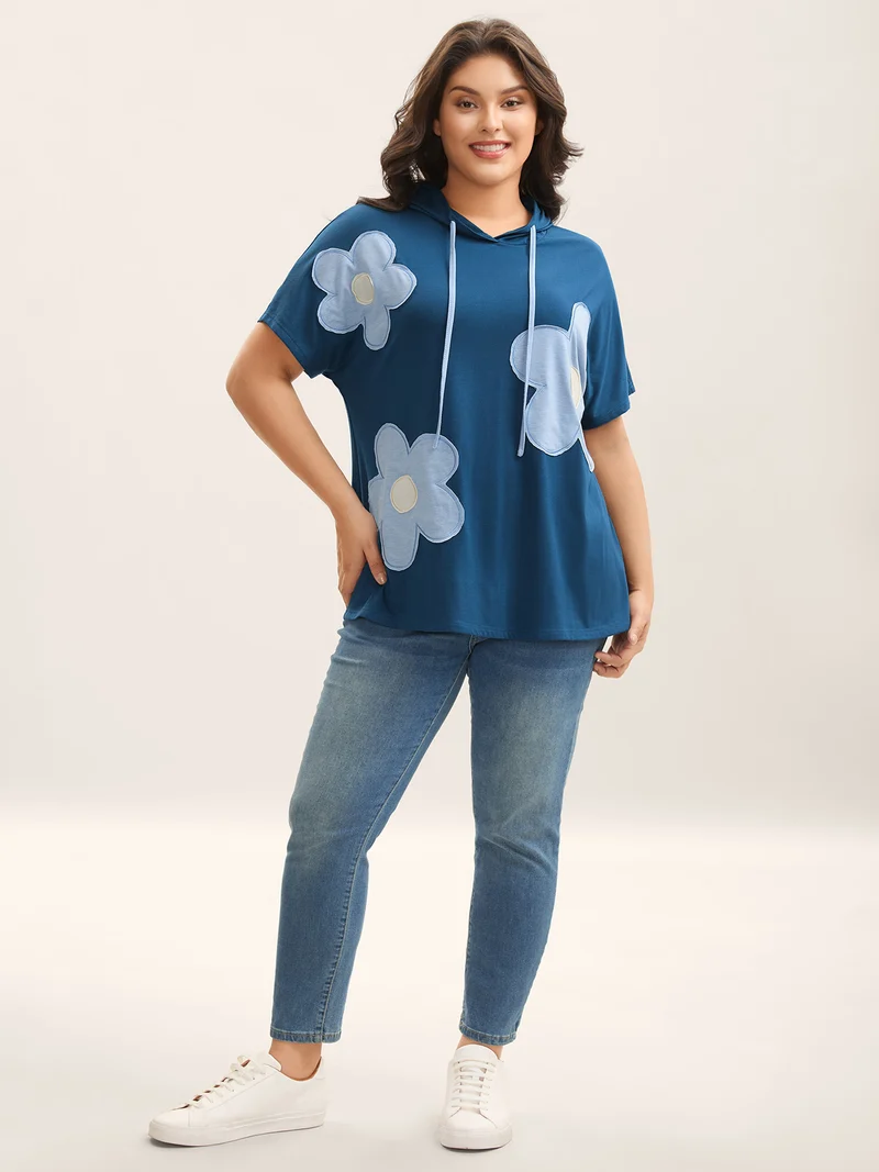 Floral Embroidered Patchwork Hooded T-Shirt