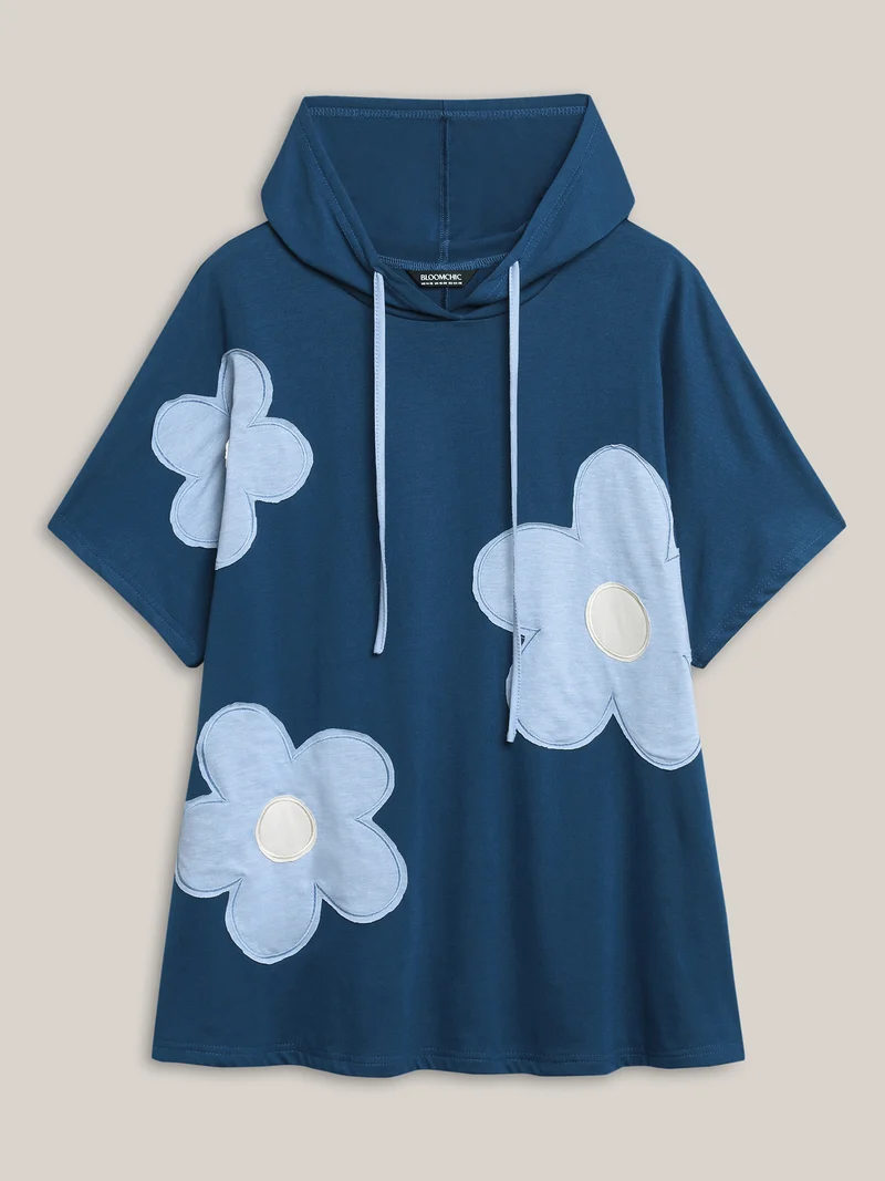 Floral Embroidered Patchwork Hooded T-Shirt