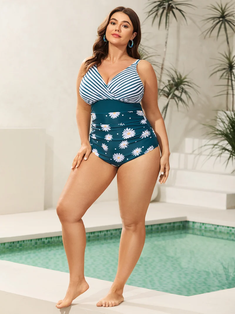 Floral Stripe Print Ruched One-Piece Swimsuit