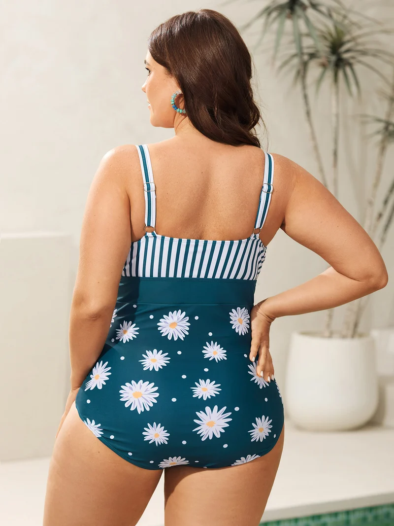 Floral Stripe Print Ruched One-Piece Swimsuit