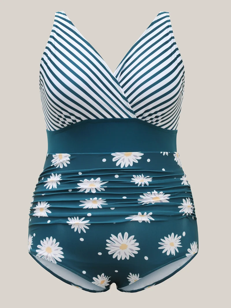 Floral Stripe Print Ruched One-Piece Swimsuit