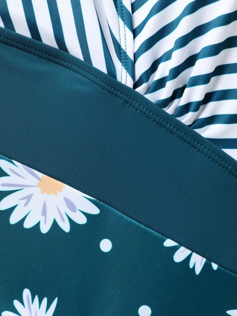 Floral Stripe Print Ruched One-Piece Swimsuit