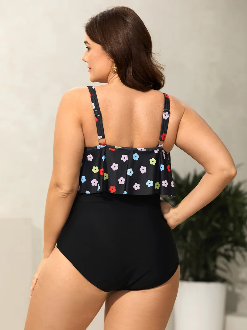 Colorful Floral Layered One-Piece Swimsuit