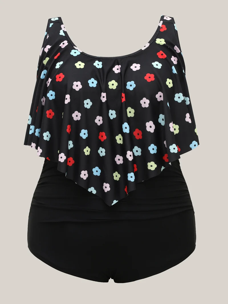 Colorful Floral Layered One-Piece Swimsuit