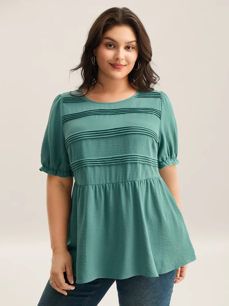 Pleated Bodice Puff Sleeve Plain Top