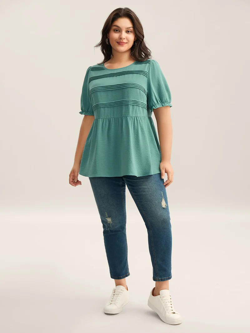 Pleated Bodice Puff Sleeve Plain Top