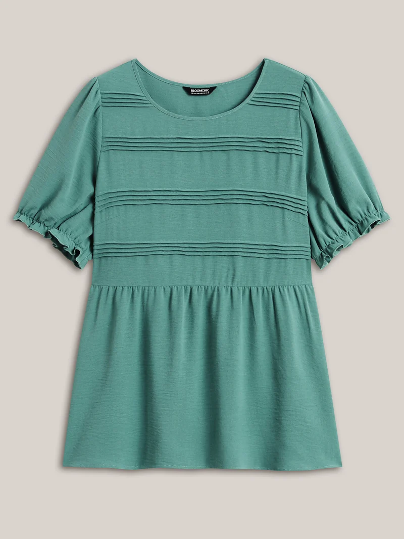 Pleated Bodice Puff Sleeve Plain Top