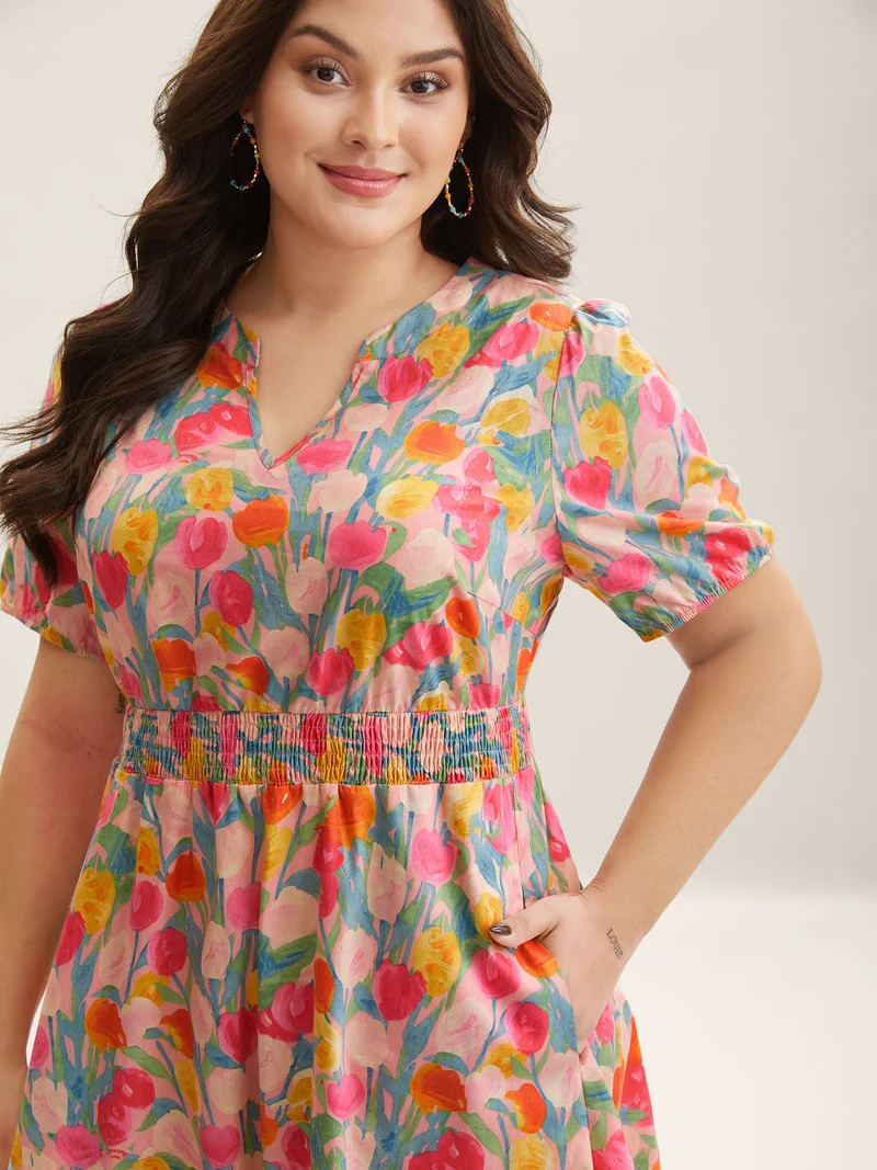Cotton Rosy Garden Shirred Waist Pockets Midi Dress