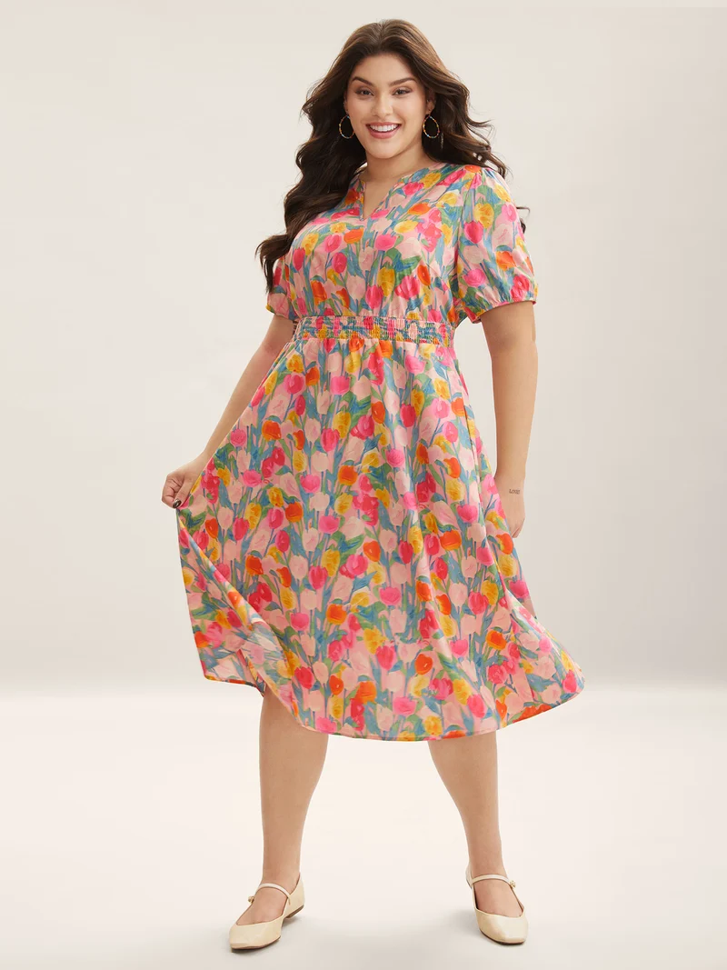 Cotton Rosy Garden Shirred Waist Pockets Midi Dress