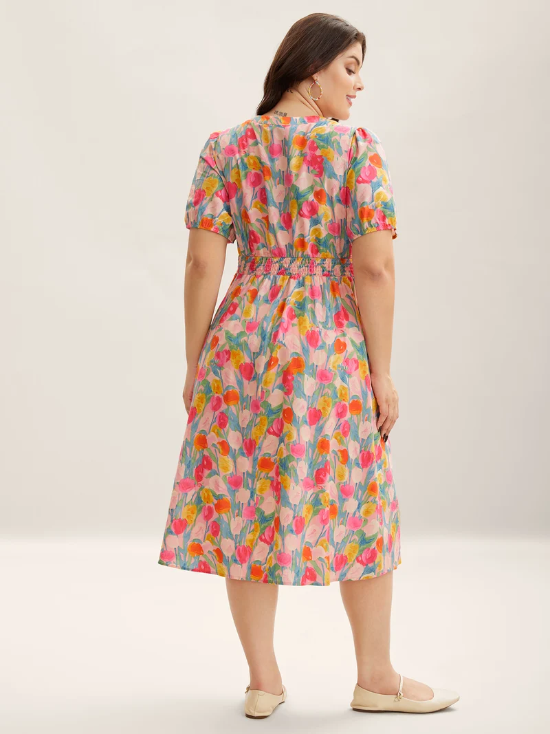 Cotton Rosy Garden Shirred Waist Pockets Midi Dress
