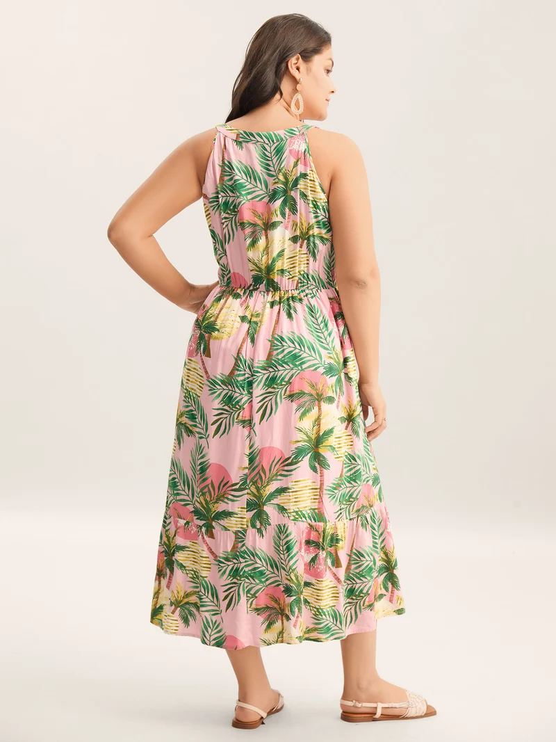 Tropical Print Cinched-Waist Pockets Midi Dress