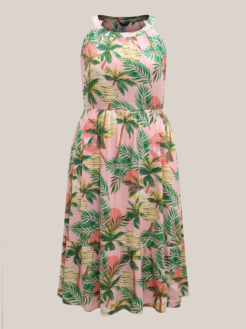 Tropical Print Cinched-Waist Pockets Midi Dress