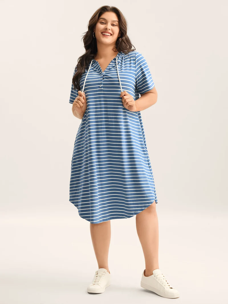 Stripe Print Curvy Hem Hooded Midi Dress