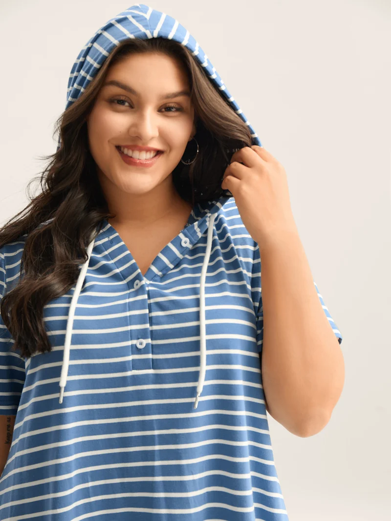 Stripe Print Curvy Hem Hooded Midi Dress