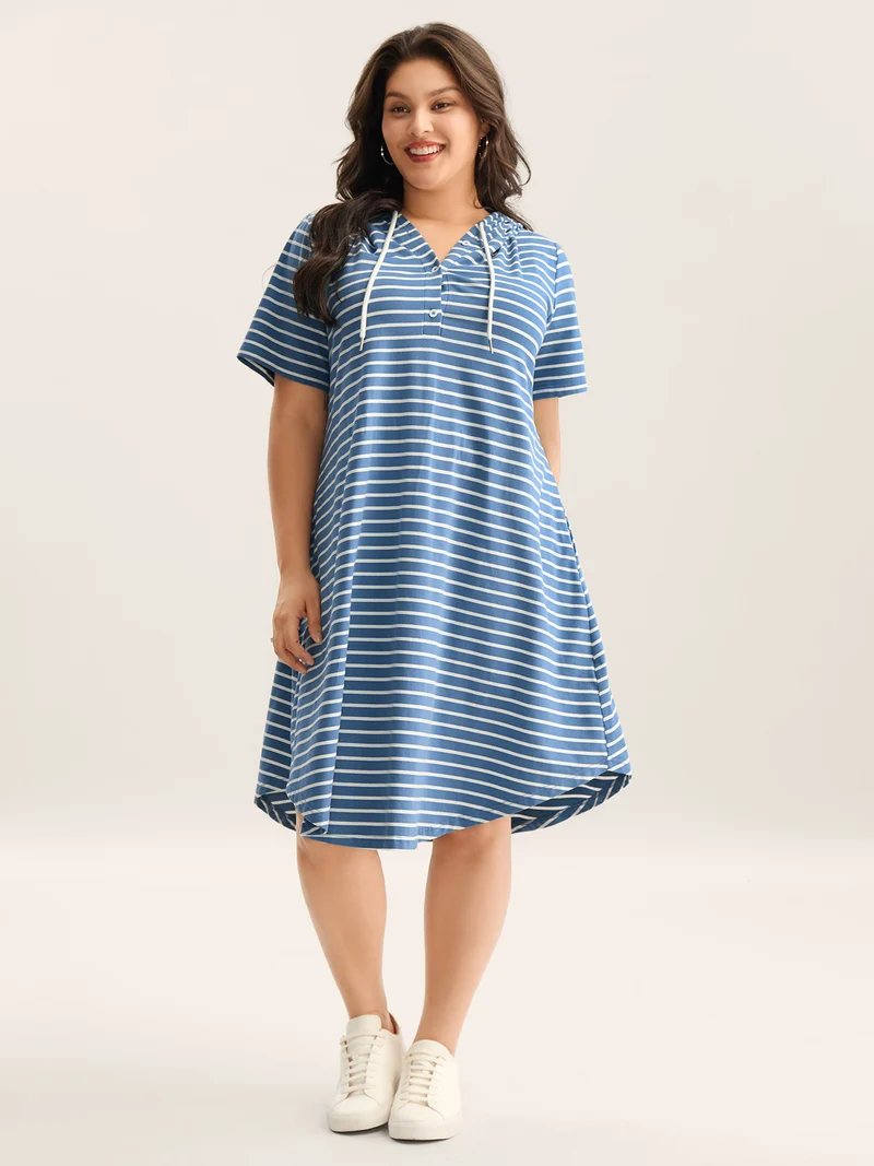 Stripe Print Curvy Hem Hooded Midi Dress
