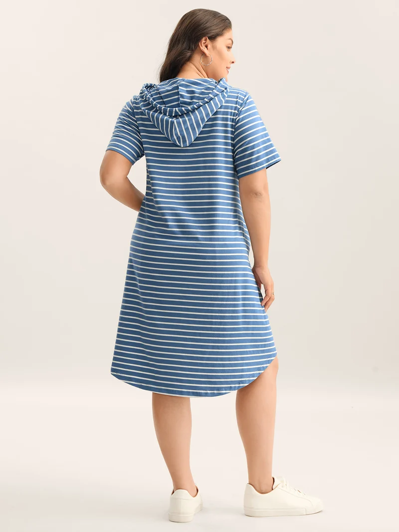 Stripe Print Curvy Hem Hooded Midi Dress