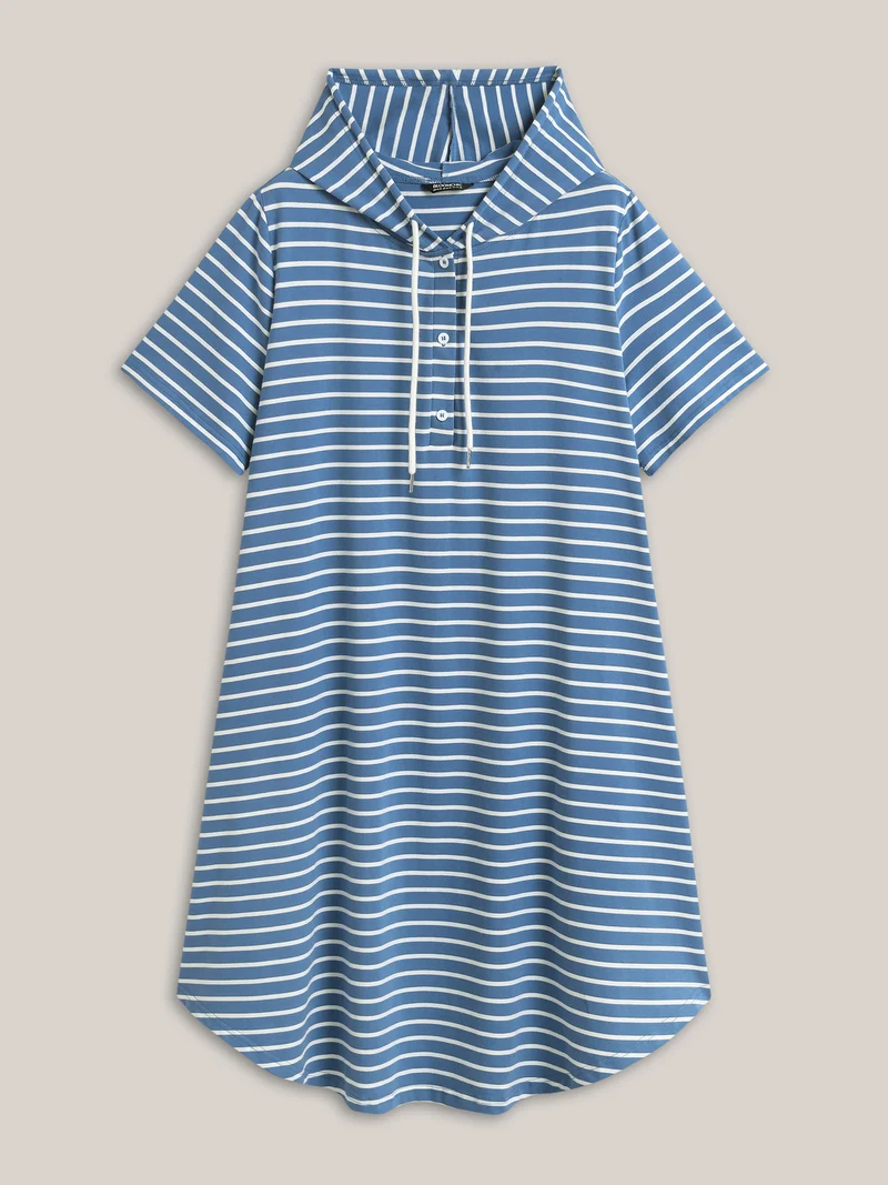 Stripe Print Curvy Hem Hooded Midi Dress