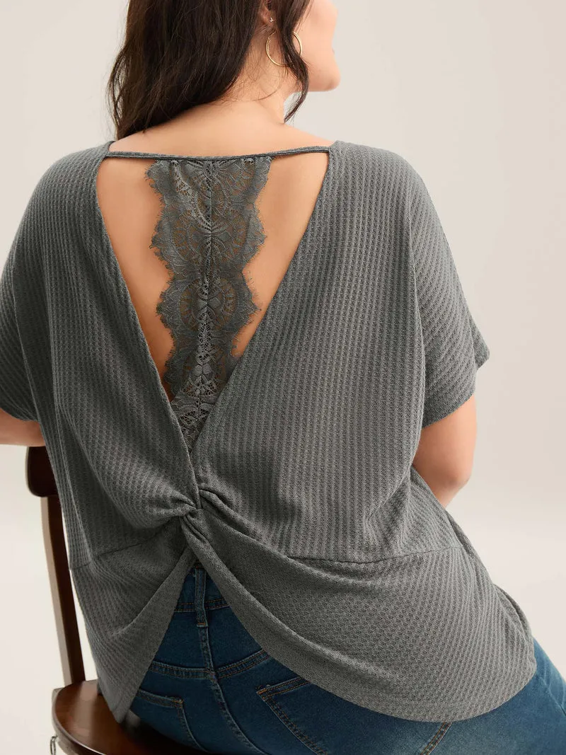 Backless Lace Crossover Solid T-Shirt