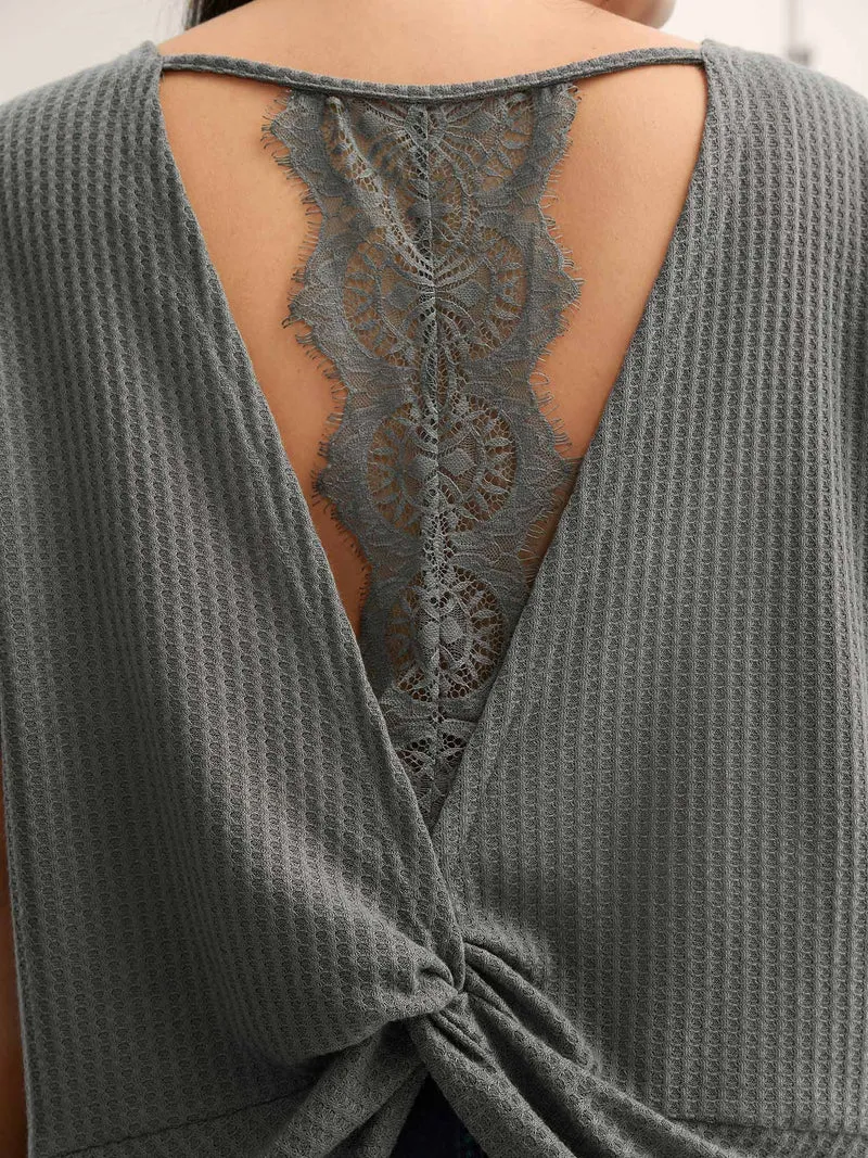 Backless Lace Crossover Solid T-Shirt
