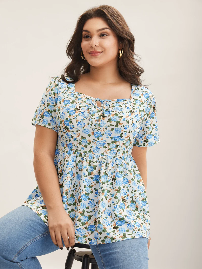 Floral Print Square Neck Babydoll Top