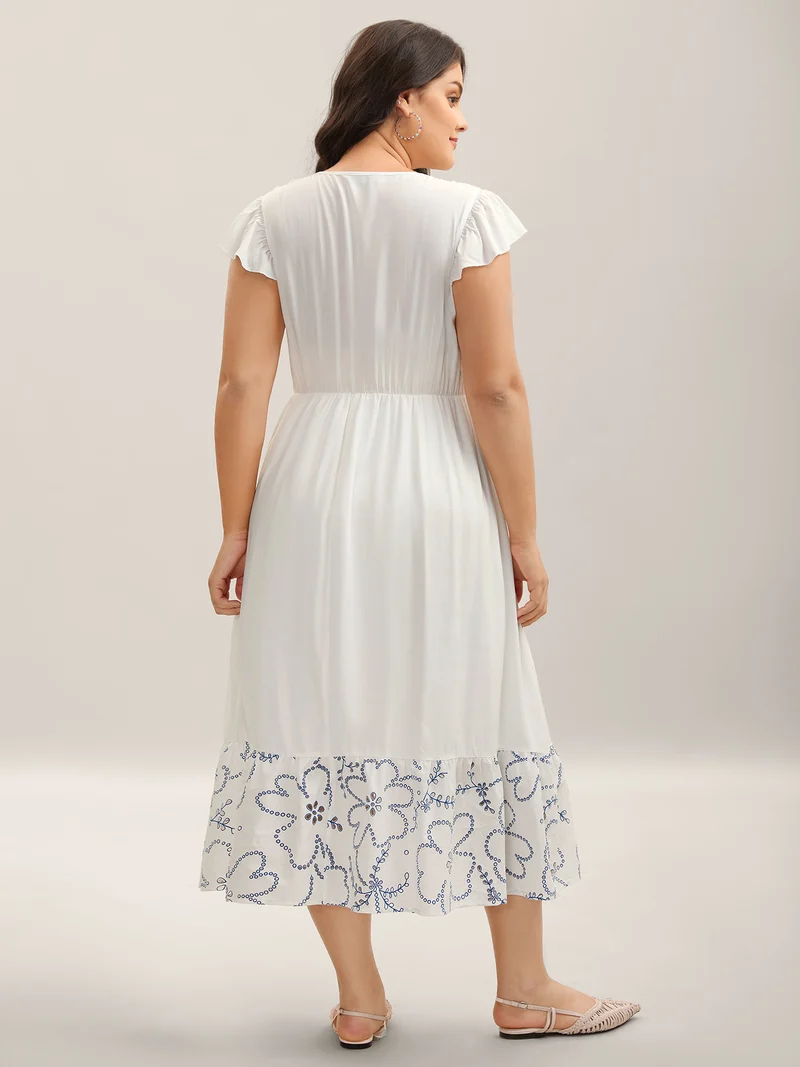 Rayon Shirred Color Contrast Floral Midi Dress
