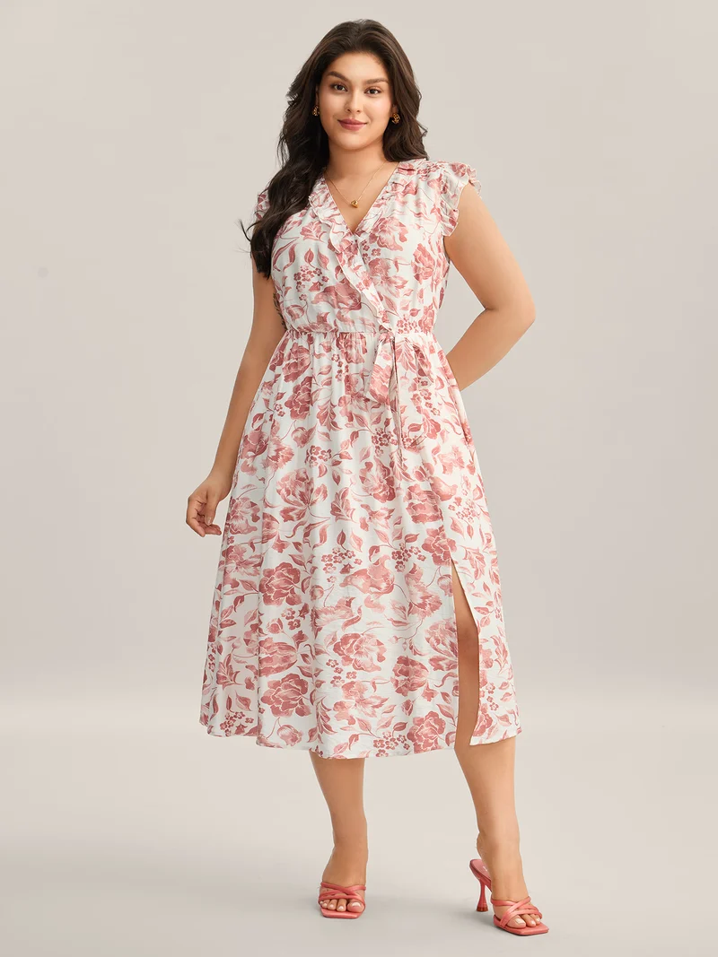 Monochrome Floral Print Ruffled Midi Dress