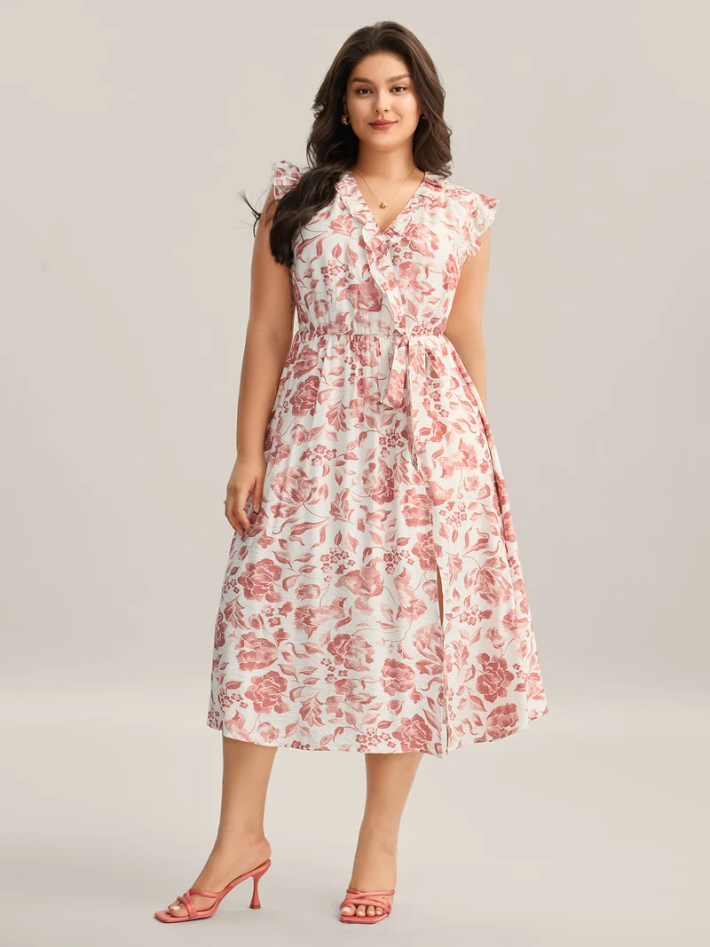 Monochrome Floral Print Ruffled Midi Dress