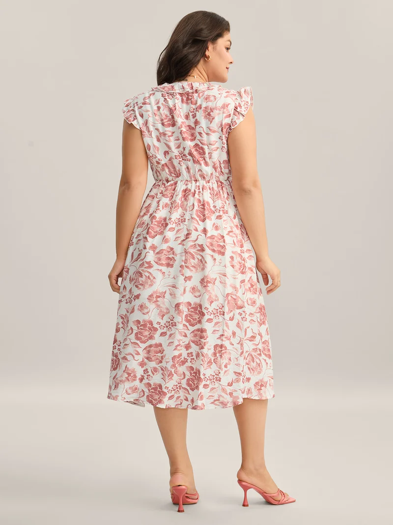 Monochrome Floral Print Ruffled Midi Dress