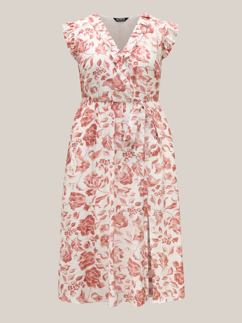 Monochrome Floral Print Ruffled Midi Dress