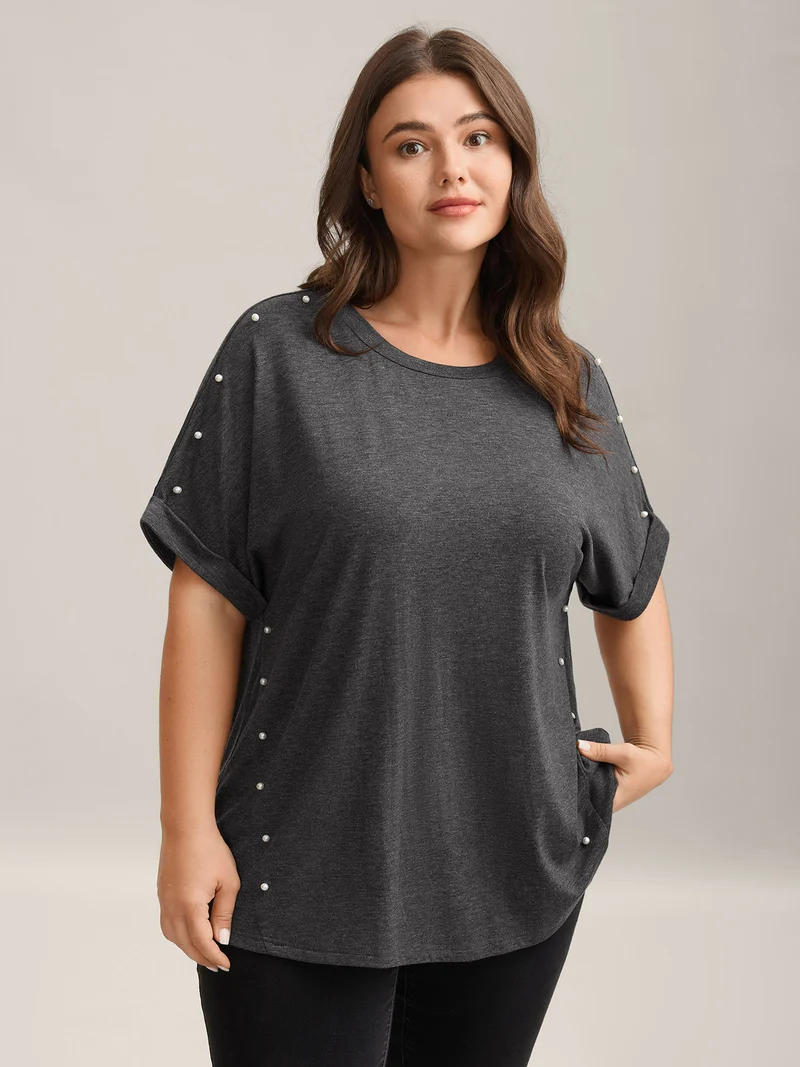 Pearl Beaded Shoulder Plain T-Shirt