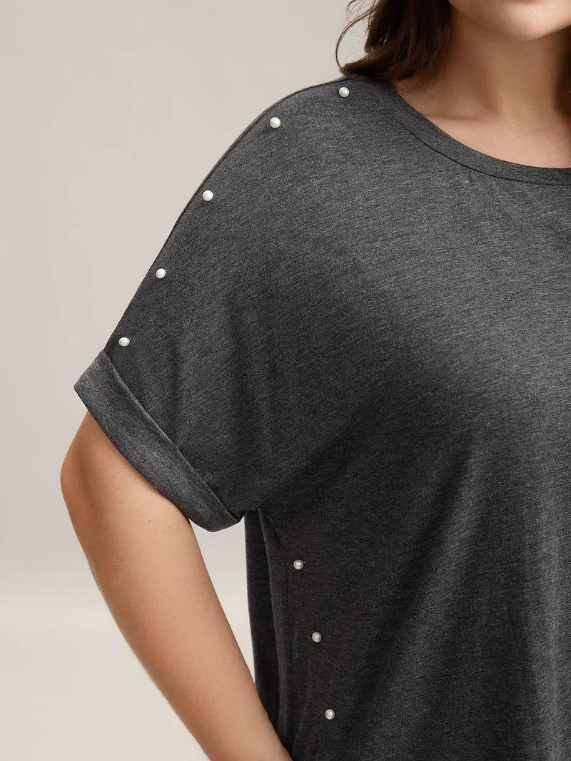 Pearl Beaded Shoulder Plain T-Shirt