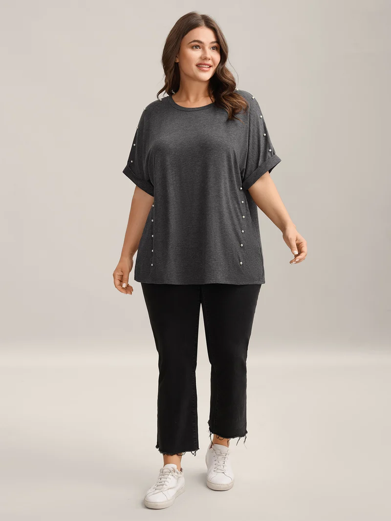 Pearl Beaded Shoulder Plain T-Shirt