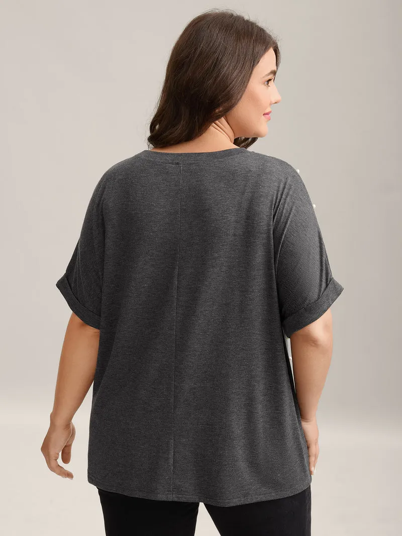 Pearl Beaded Shoulder Plain T-Shirt