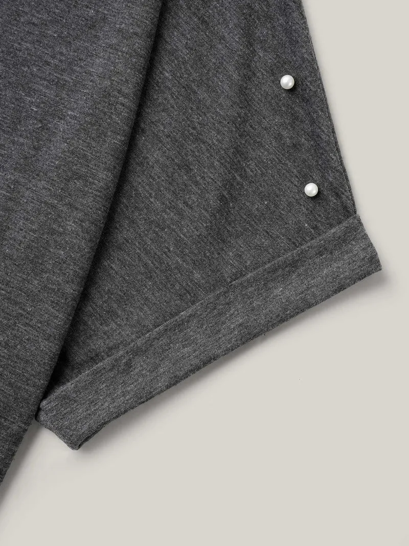 Pearl Beaded Shoulder Plain T-Shirt