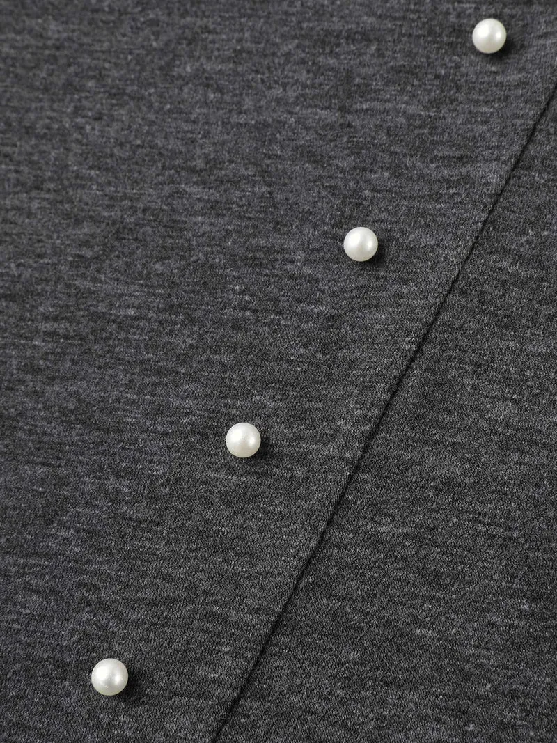 Pearl Beaded Shoulder Plain T-Shirt