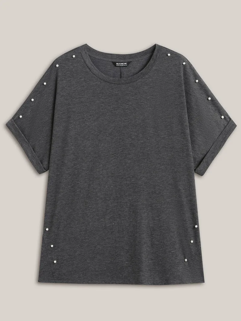 Pearl Beaded Shoulder Plain T-Shirt