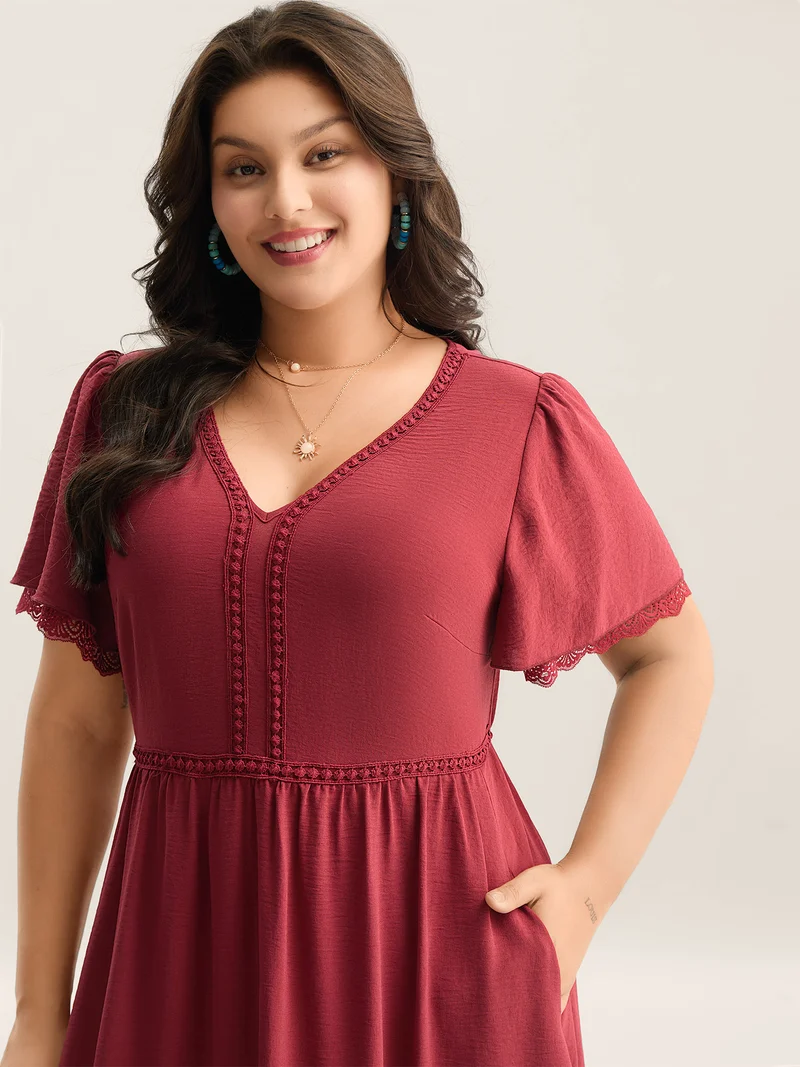 Lace Trim Neck Sheer Pockets Maxi Dress