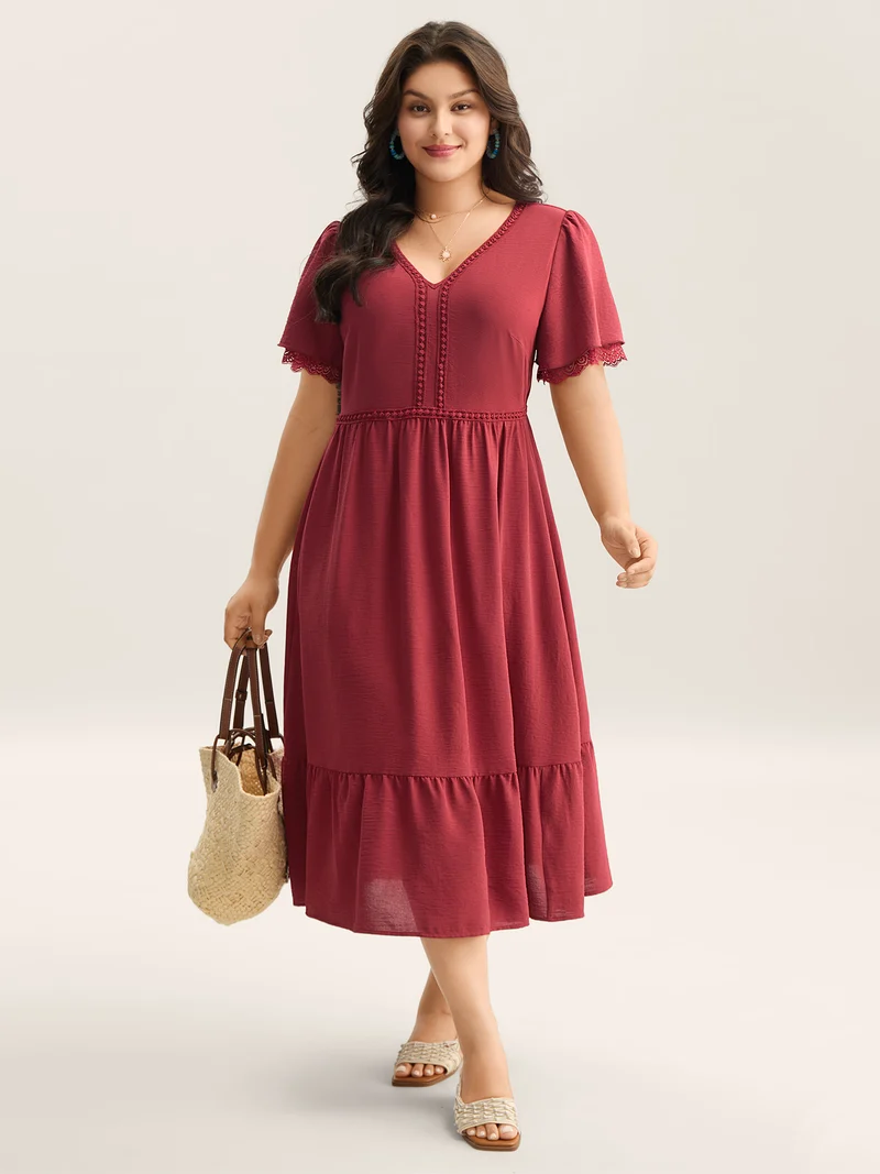 Lace Trim Neck Sheer Pockets Maxi Dress
