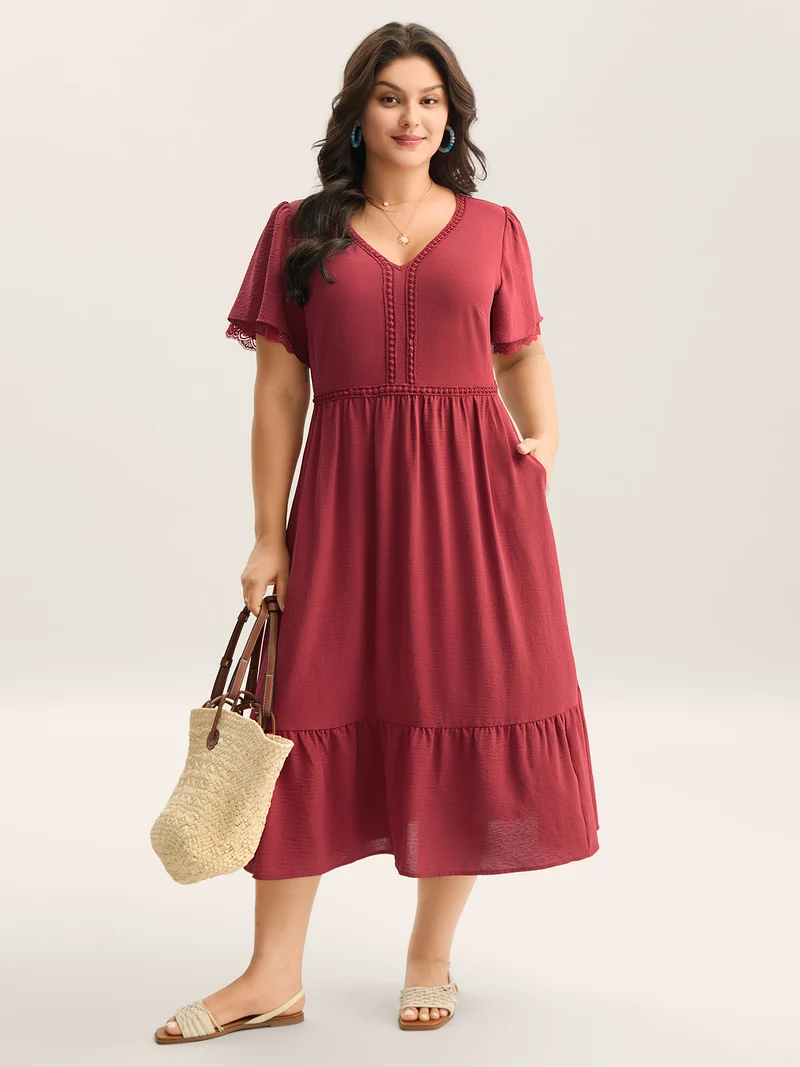Lace Trim Neck Sheer Pockets Maxi Dress