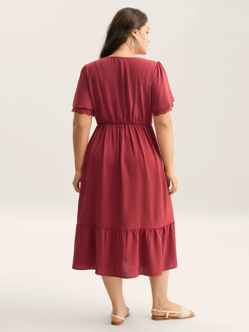Lace Trim Neck Sheer Pockets Maxi Dress