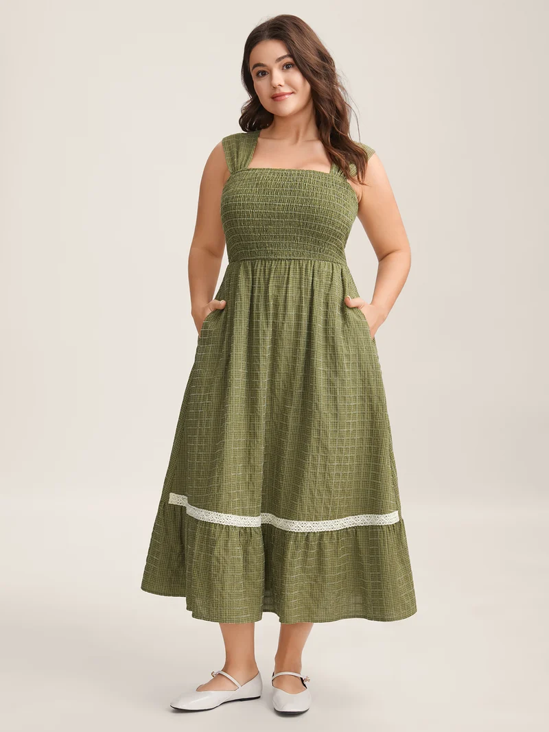 Plaid Shirred Lace Trim Tiered Maxi Dress