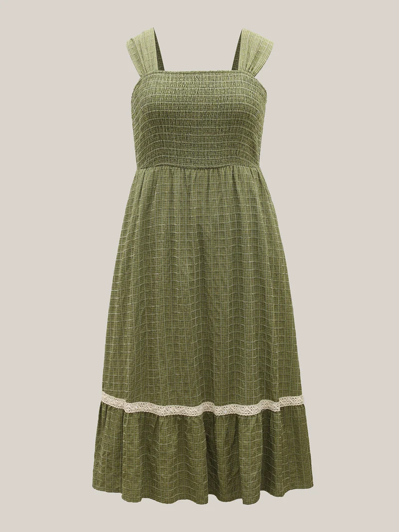 Plaid Shirred Lace Trim Tiered Maxi Dress
