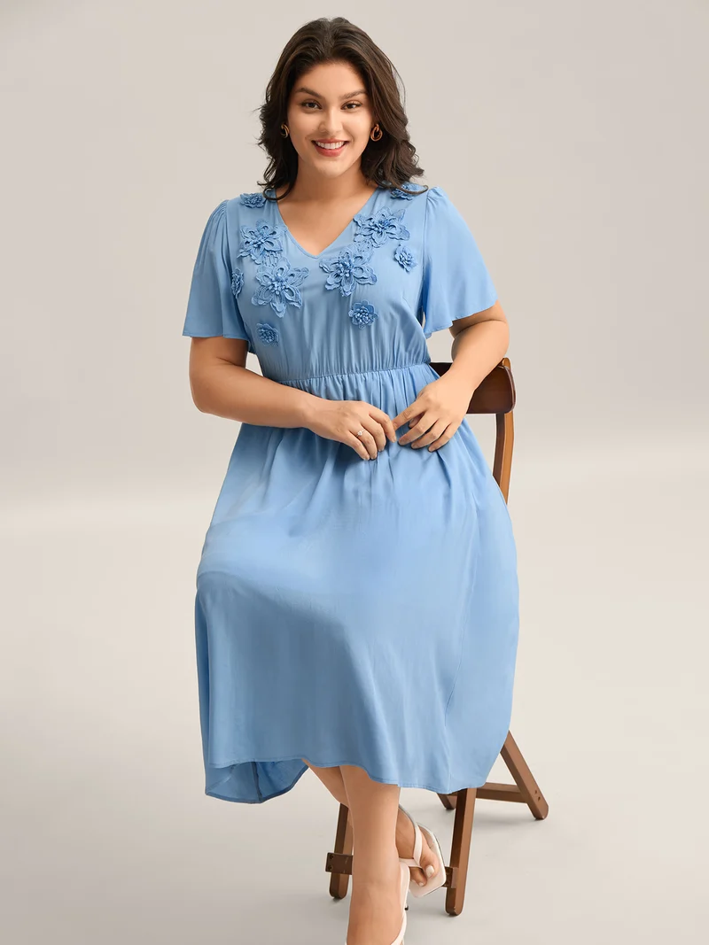 Rayon Floral Detail Cinched-Waist Midi Dress