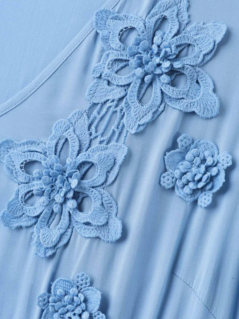Rayon Floral Detail Cinched-Waist Midi Dress