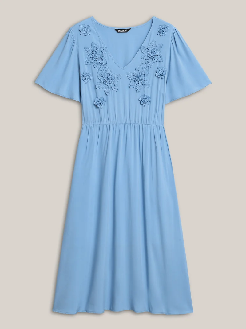Rayon Floral Detail Cinched-Waist Midi Dress