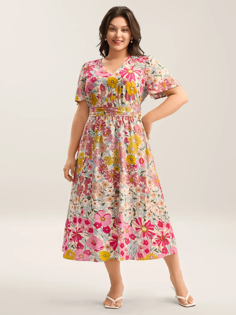 Vibrant Floral Print Pleated Waist Midi Dress