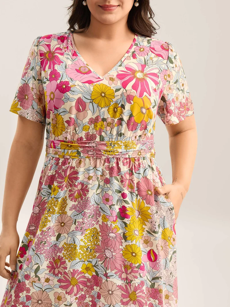 Vibrant Floral Print Pleated Waist Midi Dress